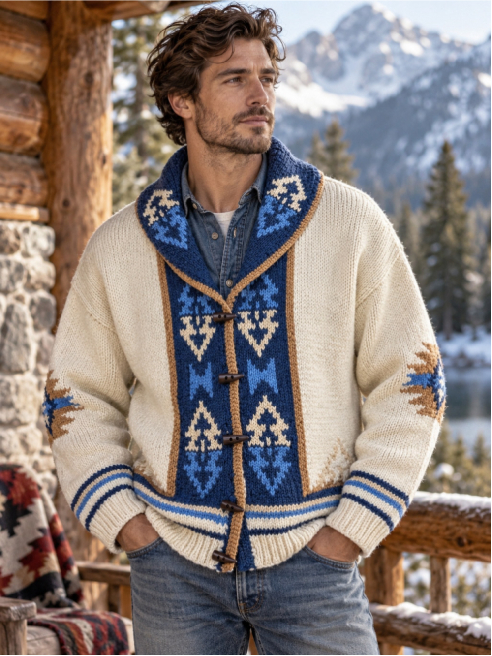 Vintage 1980s Cowichan Style Cardigan Men L Toggle Southwestern Heritage Cream